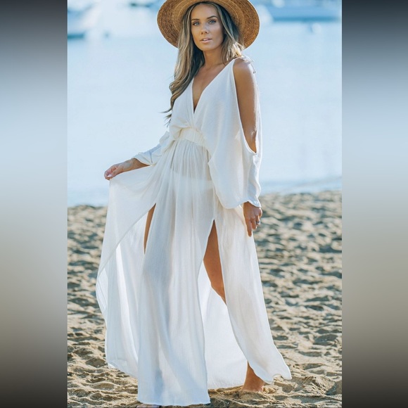 Cold Shoulder Maxi Beach Cover Up Dress Extra Large White EUC LIKE NEW - Picture 12 of 15